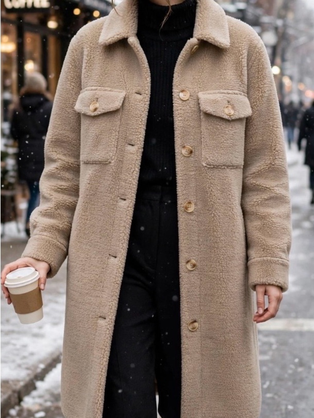 Rebecca Minkoff Taupe Teddy Sherpa Button-Front Coat PTP 22” L 37”